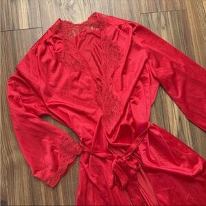 Vintage 80s OLGA Vibrant Red Silky Nylon w Lace Trim Robe USA 94250 Size XL